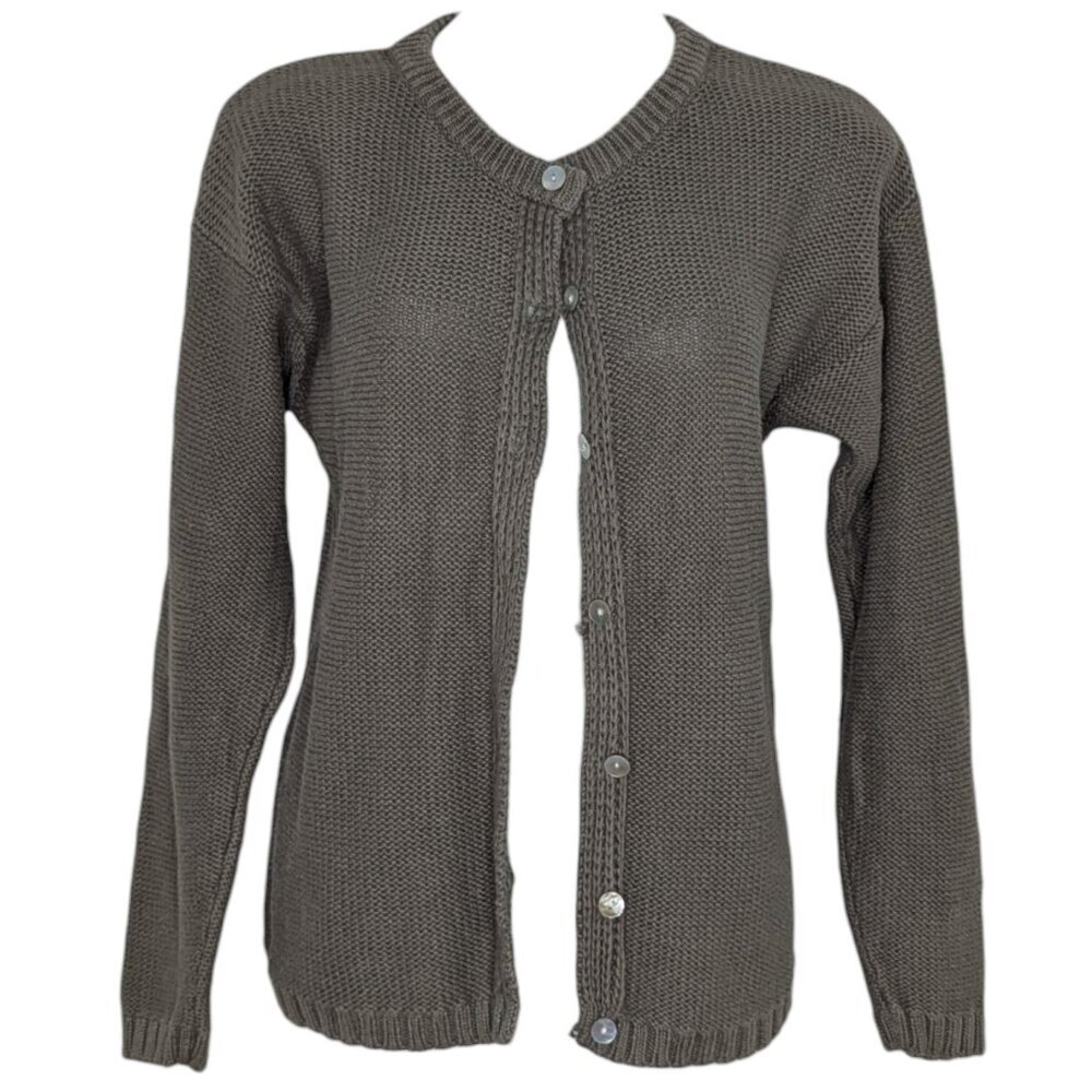 VTG Chunky Knit Green Gray Pearl Iridescent Button Ribbed Hem Cardigan Academia